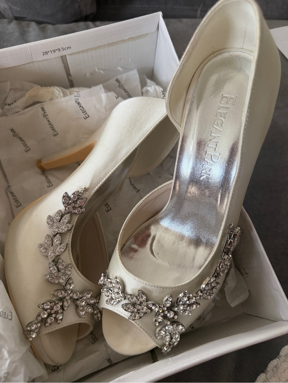 Women's Ivory Satin Peep-Toe Heels with Crystal Embellishment. Wedding shoes